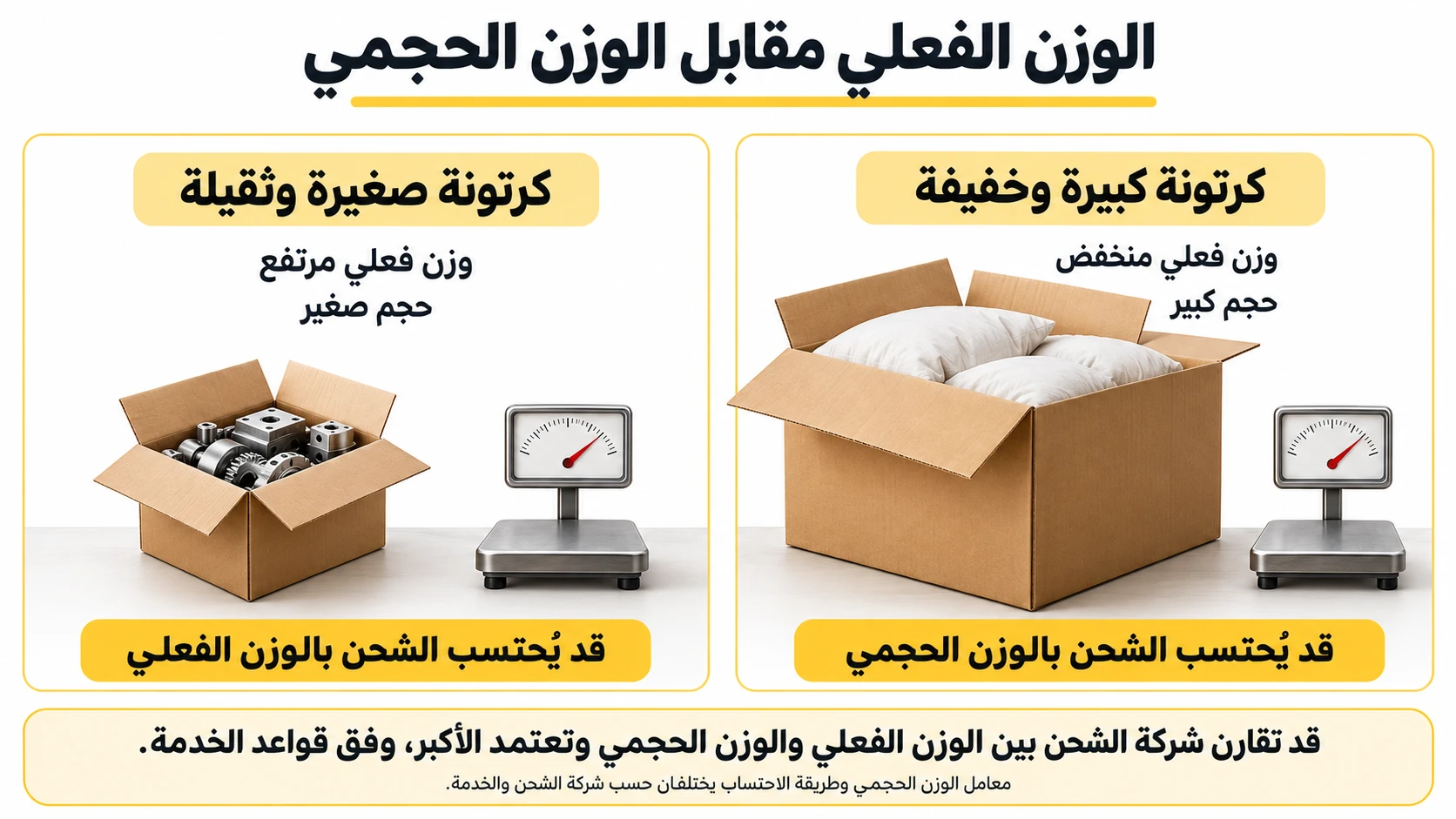 الوزن الفعلي مقابل الوزن الحجمي: كرتونة كبيرة وخفيفة وكرتونة صغيرة وثقيلة في حساب تكلفة الشحن