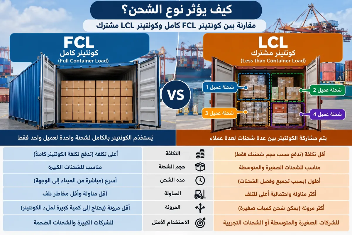 حساب الشحن بالمتر المكعب: كونتينر كامل FCL مقابل شحن جزئي LCL