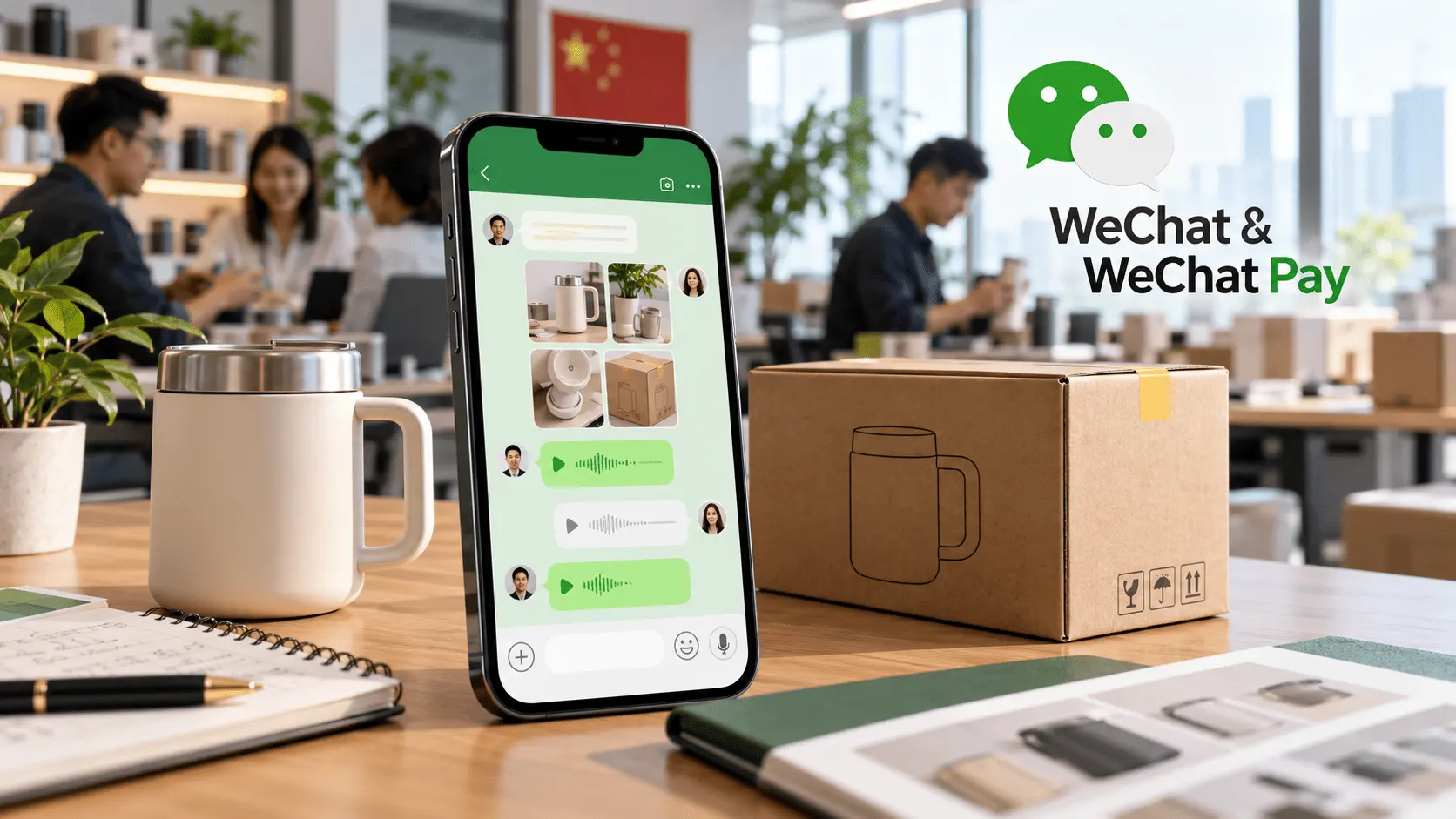 وي شات للتواصل مع الموردين: هاتف يعرض محادثة مع مورد بصور منتجات ورسائل صوتية بجانب كرتونة وعينة كوب