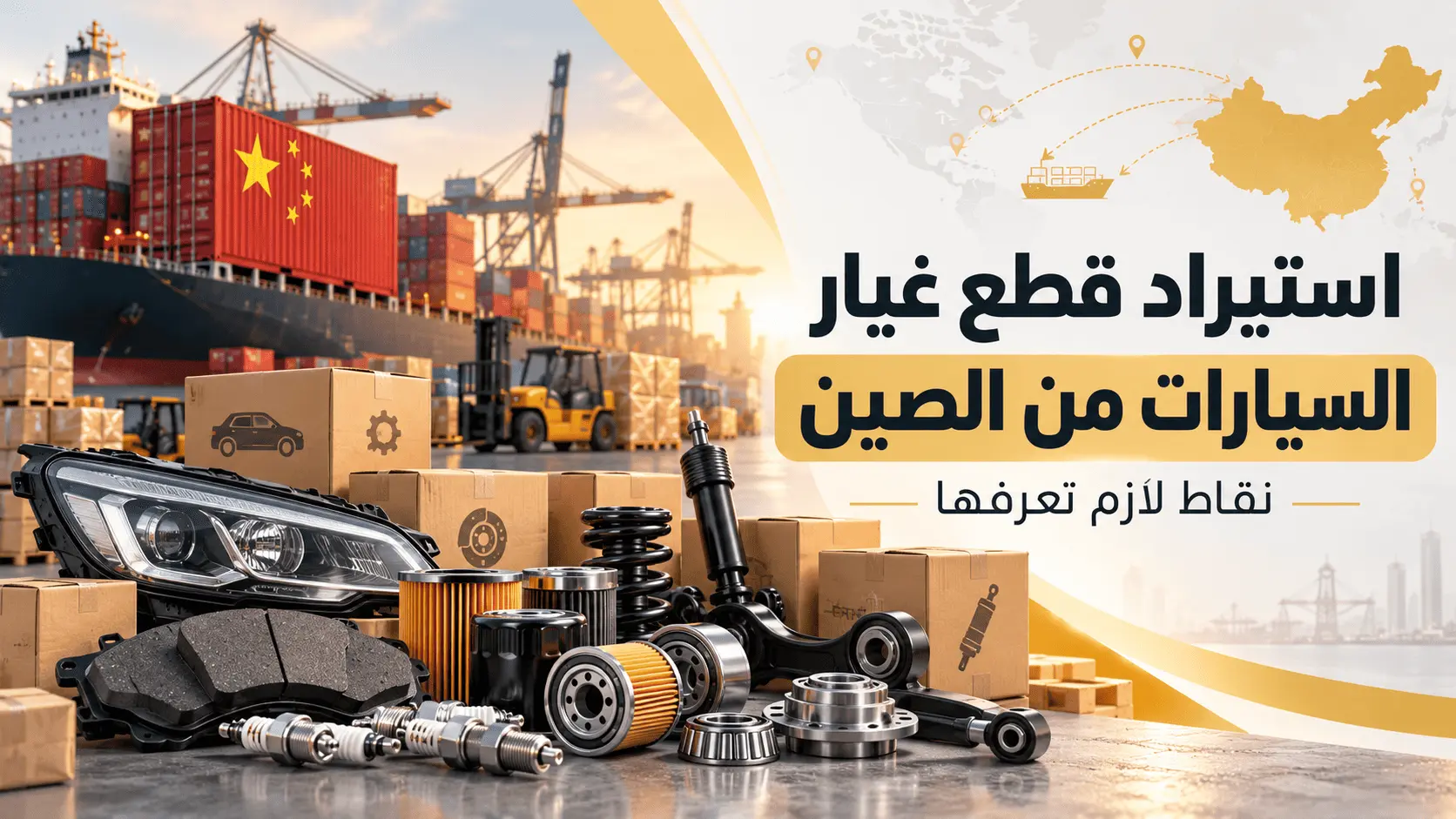 استيراد قطع غيار السيارات من الصين: قطع ميكانيكية وفلاتر ومصابيح أمام حاويات شحن في ميناء
