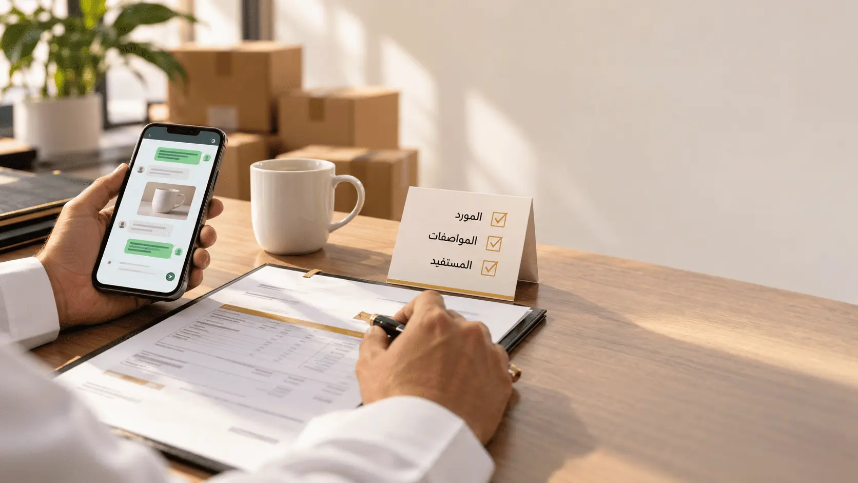مستورد يراجع فاتورة المورد ومحادثته على الهاتف مع قائمة تحقق: المورد، المواصفات، المستفيد