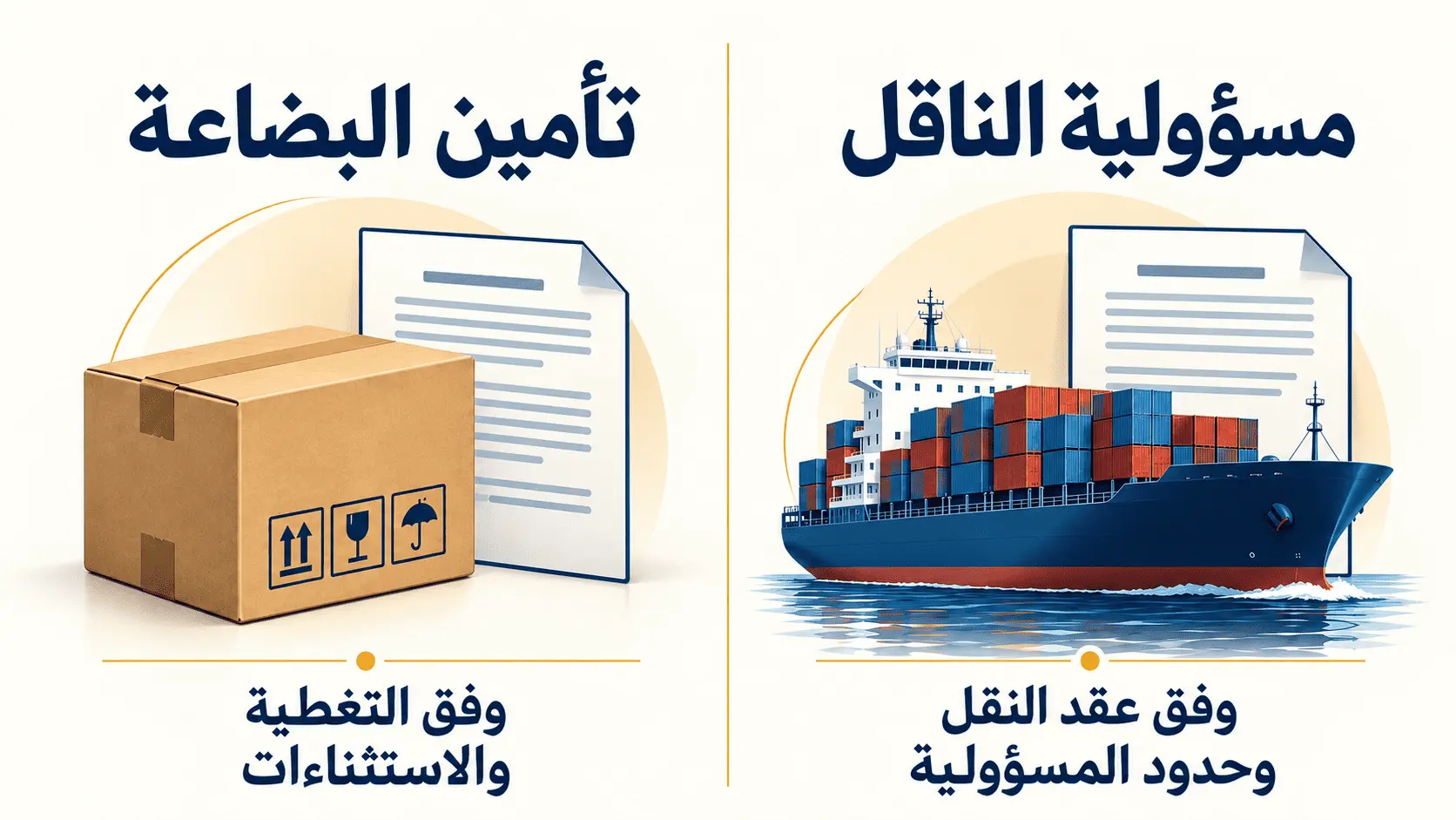 مقارنة بين مسؤولية الناقل وفق عقد النقل وحدود المسؤولية، وتأمين البضاعة وفق التغطية والاستثناءات