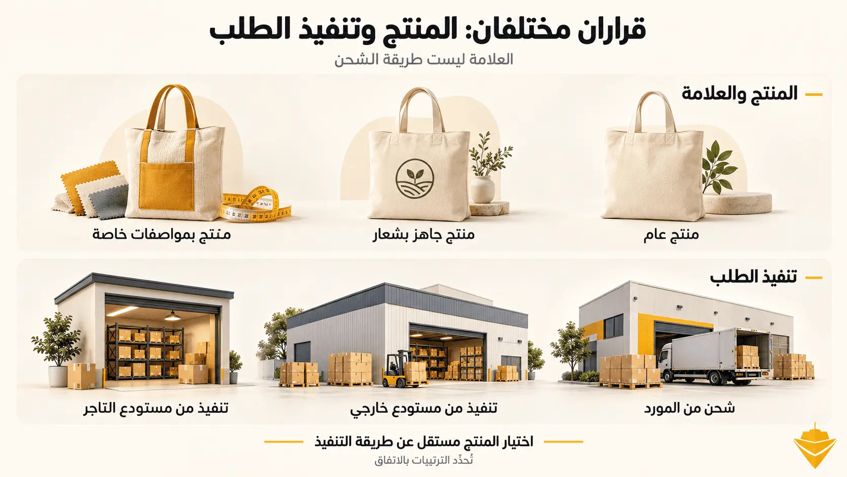 قراران مختلفان: المنتج والعلامة (منتج عام، منتج جاهز بشعار، منتج بمواصفات خاصة) وتنفيذ الطلب (شحن من المورد، مستودع خارجي، مستودع التاجر)
