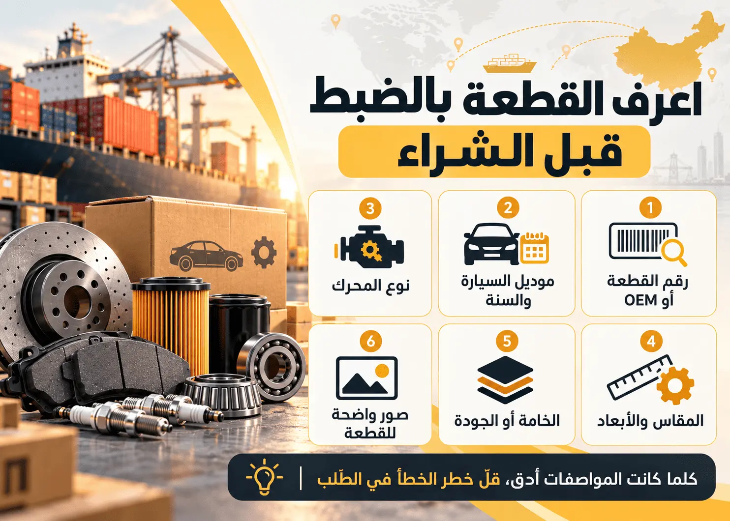 اعرف القطعة بالضبط قبل الشراء: رقم القطعة أو OEM، موديل السيارة والسنة، نوع المحرك، المقاس والأبعاد، الخامة، صور واضحة للقطعة