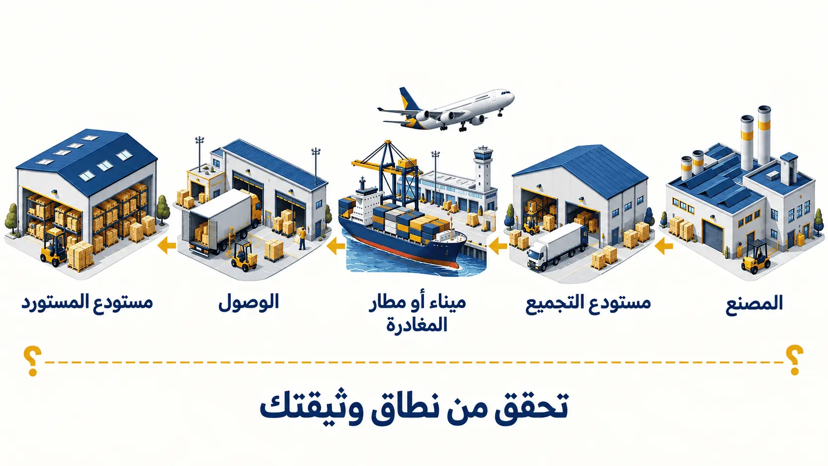 مراحل رحلة الشحنة من المصنع إلى مستودع التجميع ثم ميناء أو مطار المغادرة فالوصول ومستودع المستورد، للتحقق من نطاق وثيقة التأمين