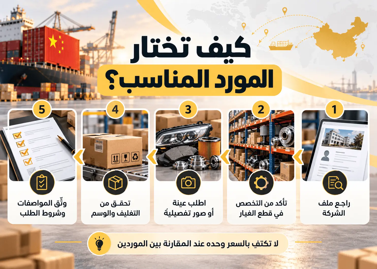 كيف تختار مورد قطع الغيار المناسب: راجع ملف الشركة، تأكد من التخصص، اطلب عينة، تحقق من التغليف والوسم، وثّق المواصفات وشروط الطلب