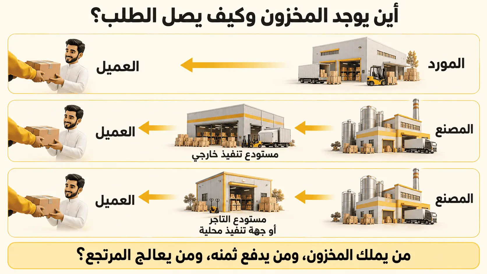 أين يوجد المخزون وكيف يصل الطلب: من المورد إلى العميل مباشرة، أو من المصنع عبر مستودع تنفيذ خارجي، أو عبر مستودع التاجر