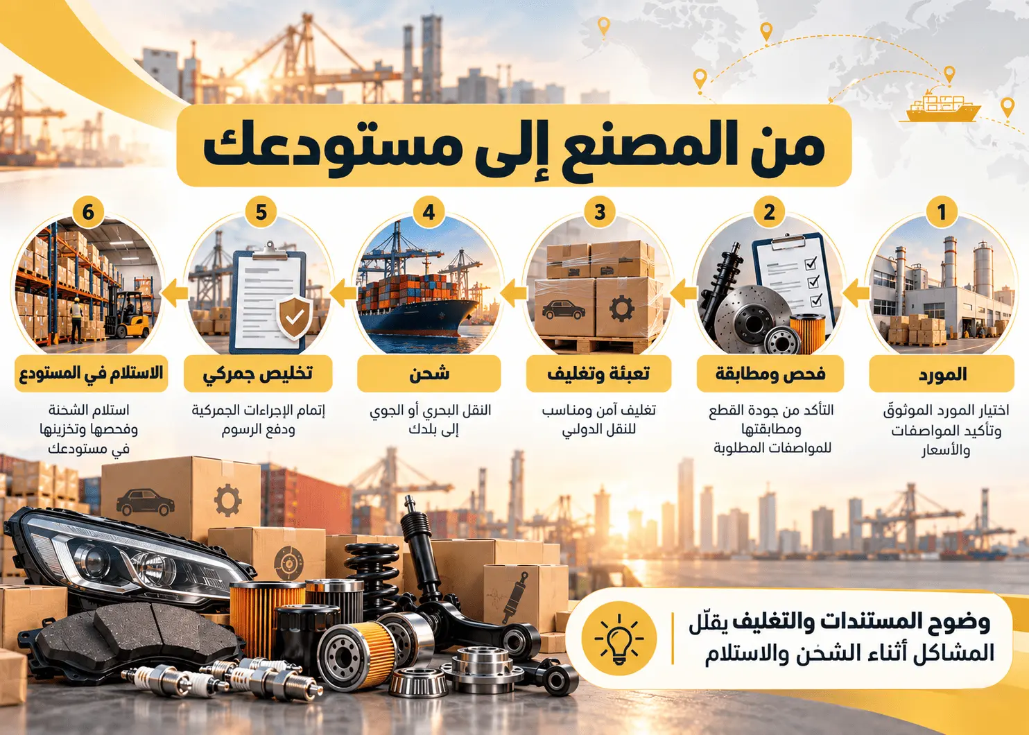 مراحل قطع الغيار من المصنع إلى مستودعك: المورد، الفحص والمطابقة، التعبئة والتغليف، الشحن، التخليص الجمركي، الاستلام في المستودع