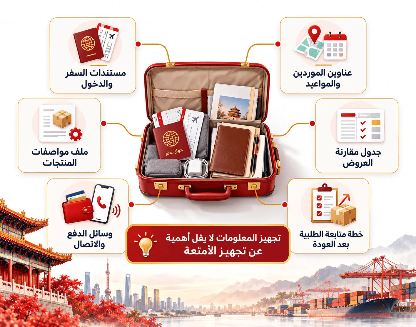حقيبة سفر مفتوحة حولها ستة تجهيزات لرحلة الاستيراد: مستندات السفر، عناوين الموردين والمواعيد، ملف مواصفات المنتجات، جدول مقارنة العروض، وسائل الدفع والاتصال، وخطة متابعة الطلبية