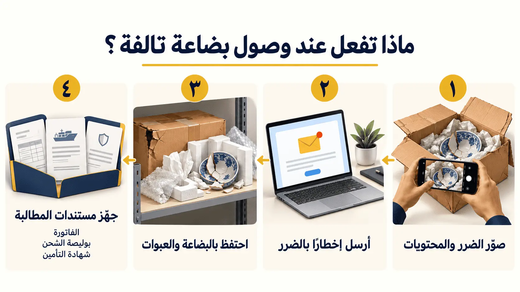 ماذا تفعل عند وصول بضاعة تالفة: صوّر الضرر، أرسل إخطاراً، احتفظ بالبضاعة والعبوات، جهّز مستندات المطالبة