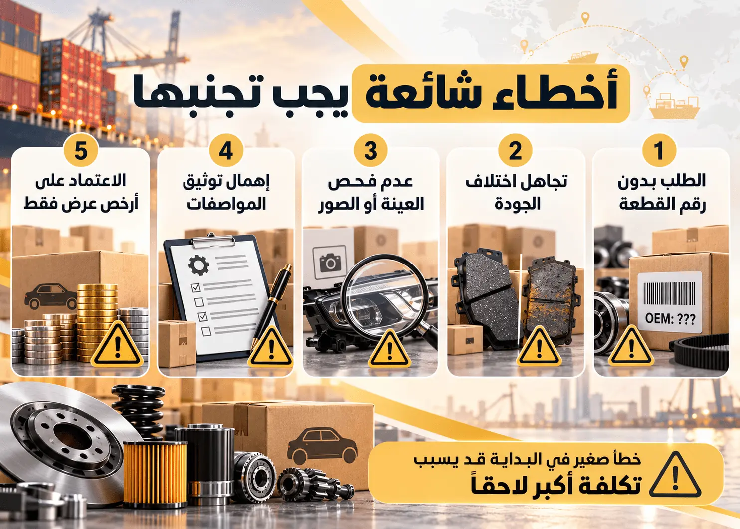 أخطاء شائعة في استيراد قطع الغيار: الطلب بدون رقم القطعة، تجاهل اختلاف الجودة، عدم فحص العينة، إهمال توثيق المواصفات، الاعتماد على أرخص عرض