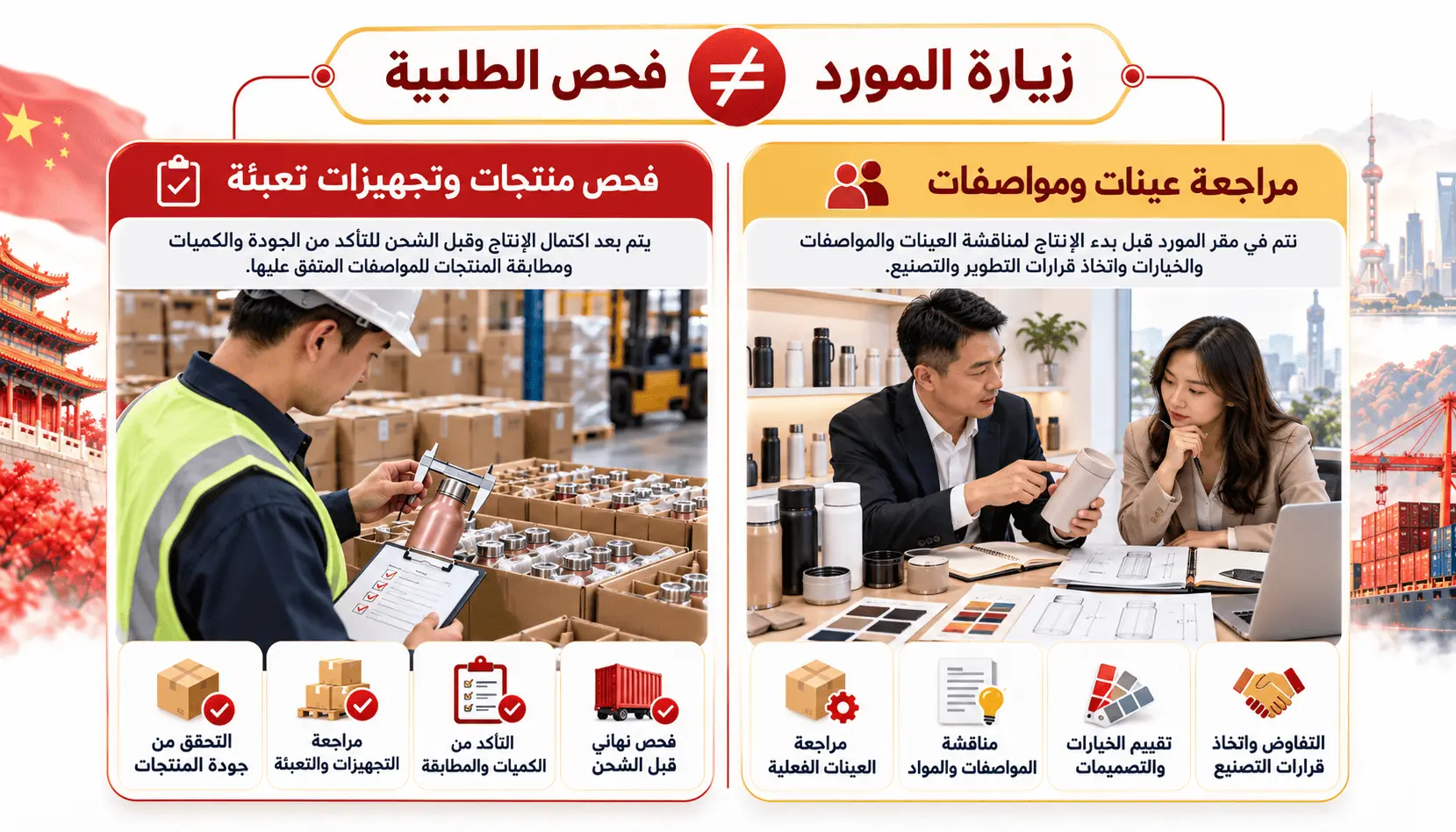 مقارنة توضح أن زيارة المورد لمراجعة العينات والمواصفات تختلف عن فحص الطلبية بعد الإنتاج وقبل الشحن